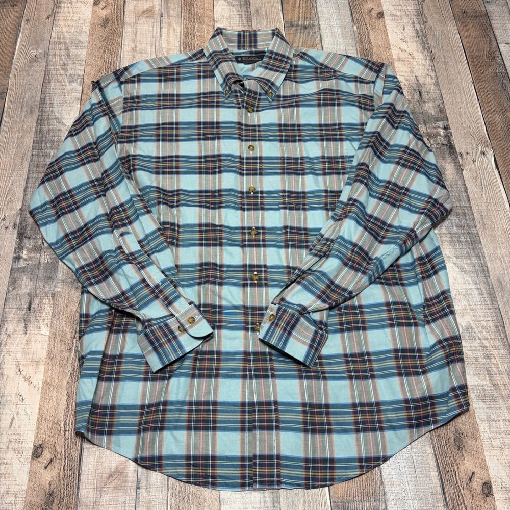 Brooks Brothers Shirt Mens Large Blue Plaid Button Down Cotton Italian Fabric
